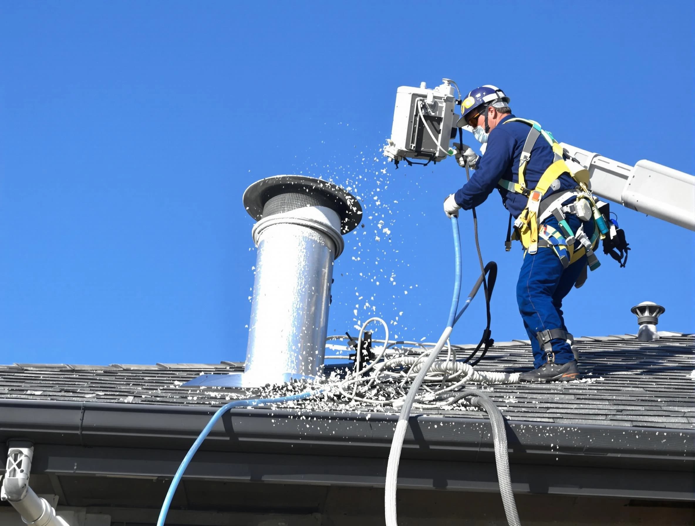 East Providence Dryer Vent Cleaning certified technician safely cleaning a roof-mounted dryer vent in East Providence