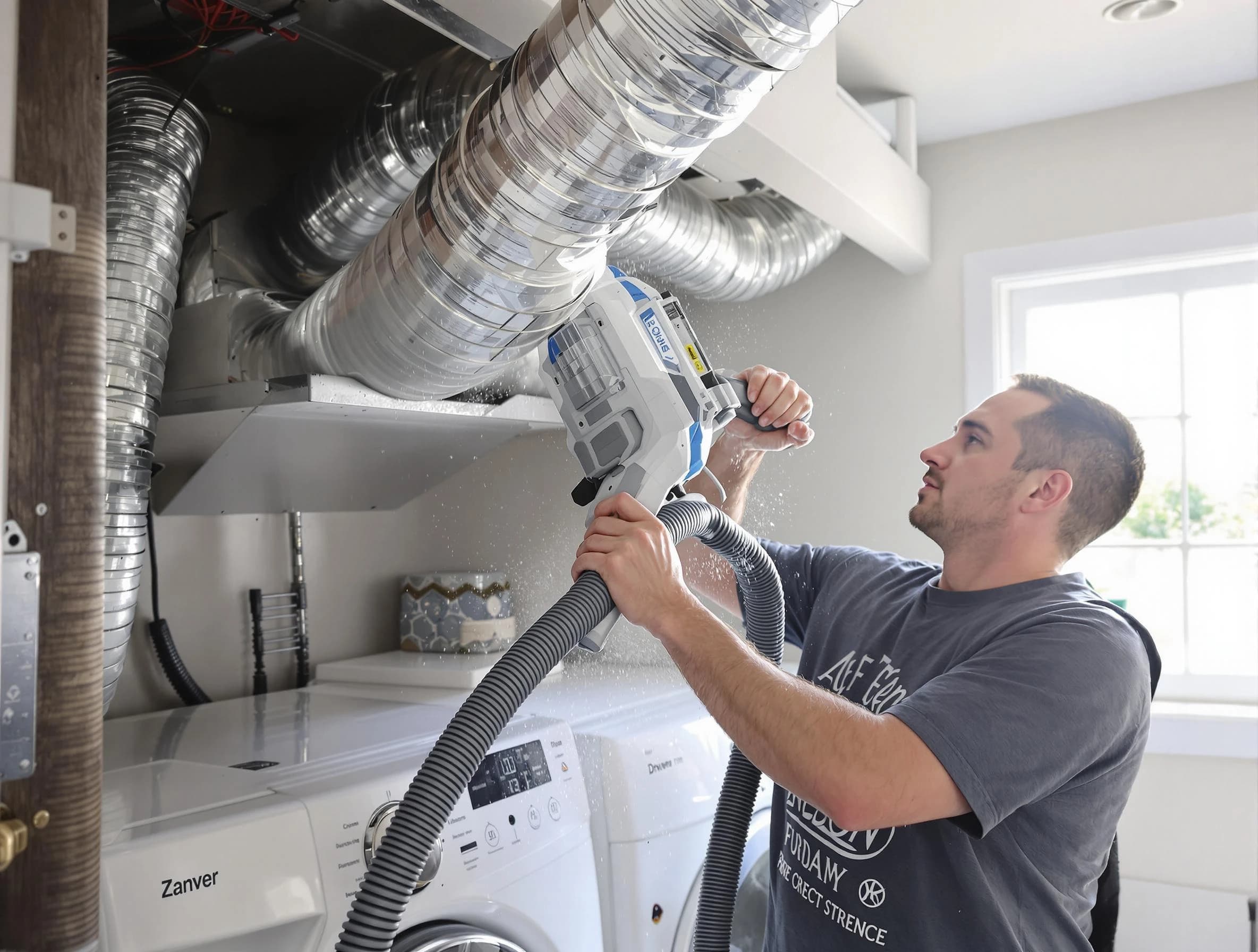 East Providence Dryer Vent Cleaning specialist cleaning deep within a dryer vent duct system in East Providence