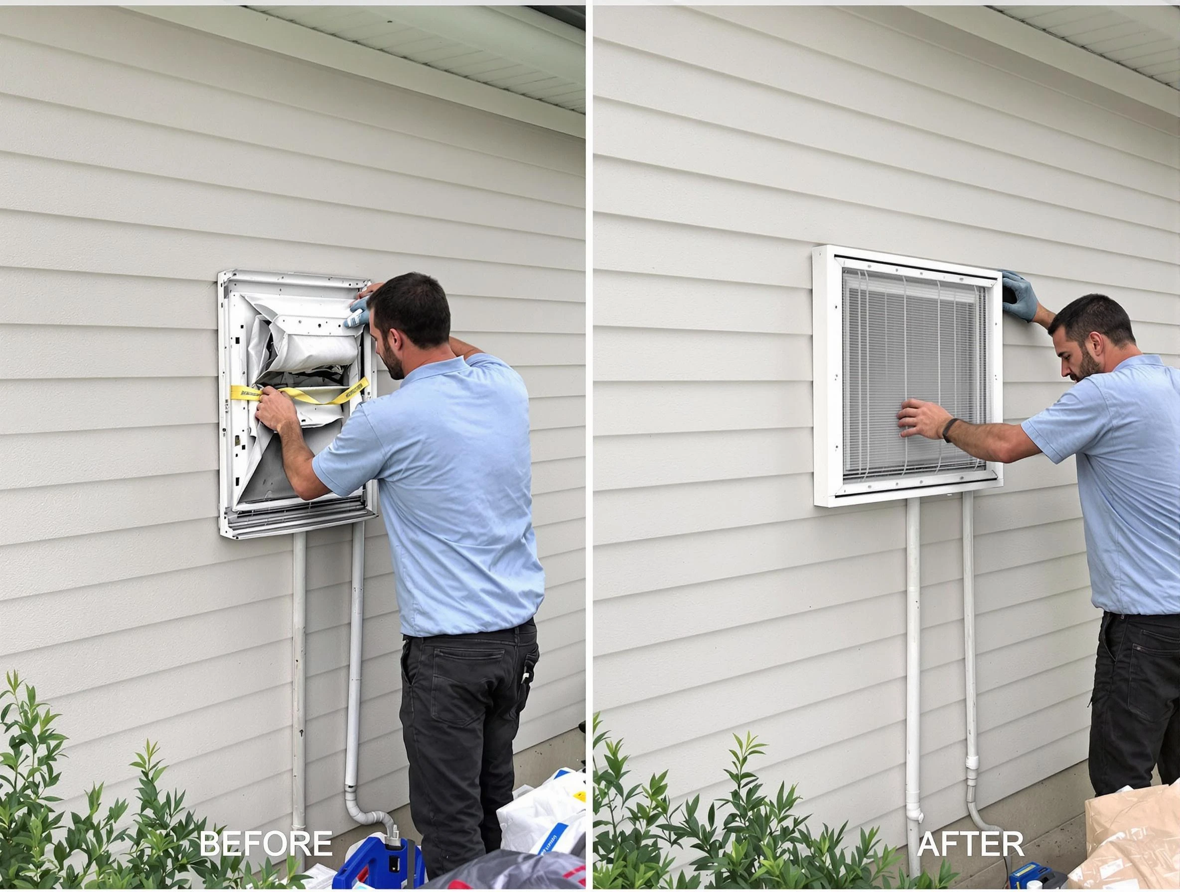 East Providence Dryer Vent Cleaning technician installing high-quality dryer vent cover at a residential property in East Providence